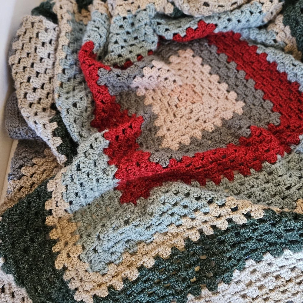 Handmade Granny Square Blanket Red, Pink, Tan, Grey, Green 100% Washable Acrylic